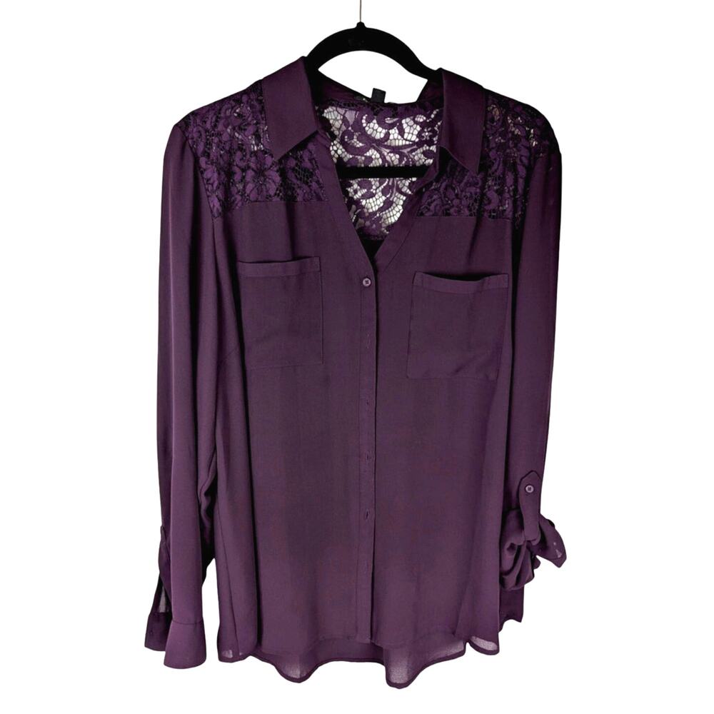 Roz & Ali blouse dark plum color XL Tab sleeves Lace back yoke 46"bust